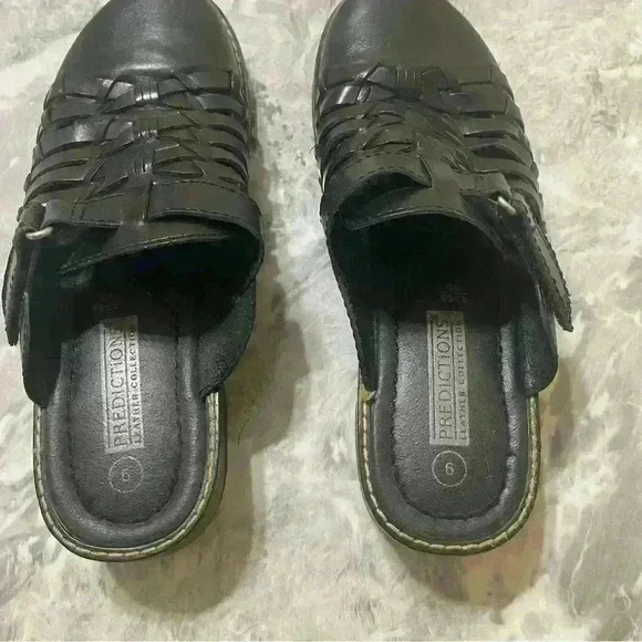 VTG PREDICTIONS Y2K LEATHER WOMENS MULES SHOES Sz 9 BLACK WEAVE CHUNKY EXCELLENT - Picture 5 of 10